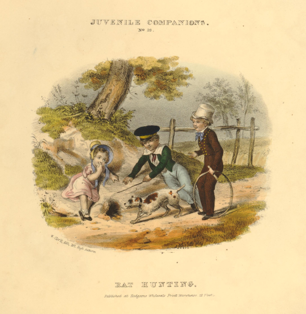 Ein Kindesbild zeigt drei Kinder, die mit einem Hund in einem Park spielen, umgeben von Bäumen, Pflanzen und einem Zaun, mit Text unten.