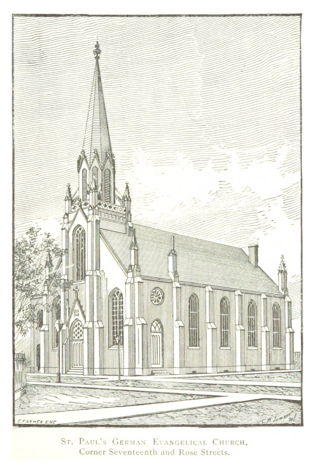 Eine Zeichnung der evangelischen St. Paul's-Kirche mit einem Baum im Vordergrund und einem klaren blauen Himmel im Hintergrund, mit Text am unteren Rand des Bildes.