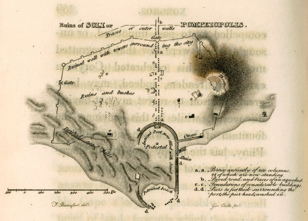 Ein detaillierter Stadtplan auf dem Umschlag eines alten Buches, begleitet von Text, der die Geschichte, Kultur und Sehenswürdigkeiten der Stadt beschreibt.