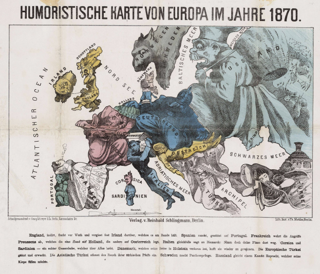 Ein Plakat mit der Aufschrift "Humoristische Karte von Europa im Jahre 1870" und einer Karte von Europa umgeben von Karikaturen.