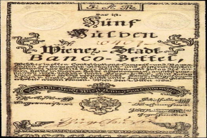 Eine alte deutsche 5-Pfennig-Banknote aus dem Jahr 1847 mit einem Mannsbild auf schwarzem Hintergrund.