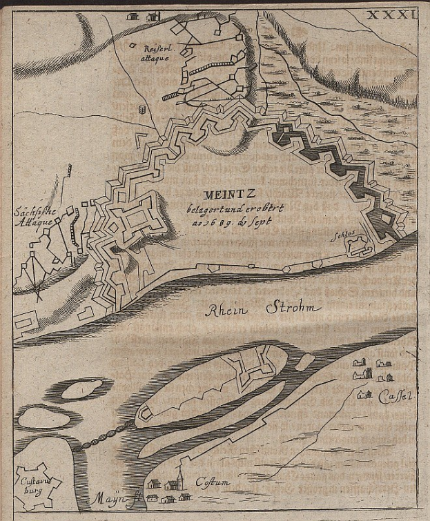 Alte detaillierte Karte von Meintz, Deutschland, zeigt Straßen, Gebäude und Sehenswürdigkeiten mit beschreibendem Text einschließlich Bevölkerung, Lage und Geschichte.