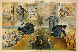 Cartoon-Gerichtsszene mit einem Richter in Anzug und Hut, der einen Stock und ein Buch hält, umgeben von Menschen und verstreuten Papieren mit der Aufschrift "Schweigegeld oder Geld für die Kanalisation".