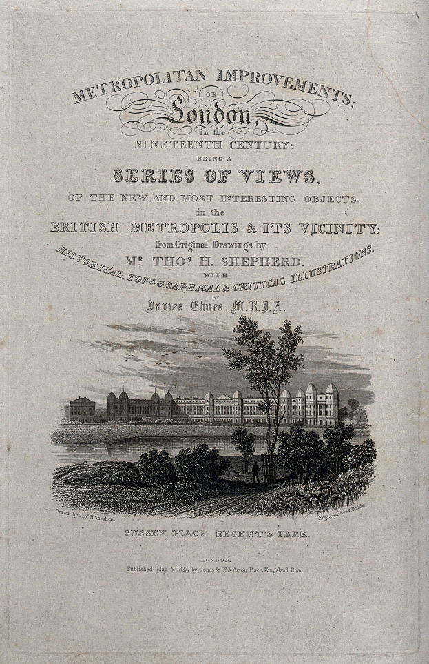 Altes Buchcover mit einer detaillierten Illustration einer Stadtlandschaft, einschließlich grüner Bäume, hoher Gebäude und klassischem Text.
