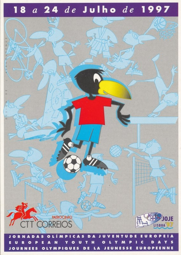 Plakat für die Europäische Jugendolympiade 1997 in Lissabon mit einem Cartoon-Tukan, der einen Fussball hält, umgeben von Cartoon-Sportlern, die Fussball spielen und Event-Informationstext.