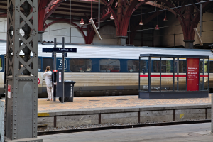 Ein Zug fährt auf einem Bahnsteig ein, neben einer Person, einem Mülleimer, Pfosten, Texttafeln und Deckenleuchten.