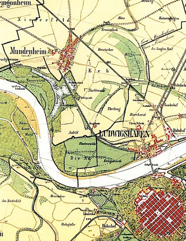 Detailiertes altes Stadtplan von Ludwigschaften, Deutschland, mit Straßen, Gebäuden und Sehenswürdigkeiten mit Textangaben zum Standort der Stadt.