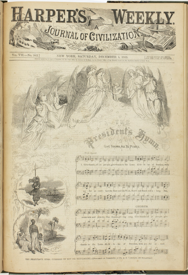 Offenes Buch mit dem Titel "Harper's Weekly Journal of Civilization", das eine detaillierte Illustration einer vielseitigen Gruppe von Menschen enthält, begleitet von verschiedenen Texten und Bildern.