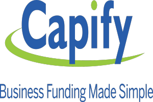 Der Text "capify business funding made simple" in fetter schwarzer Schrift auf einem weißen Hintergrund, zentriert und von einem dünnen schwarzen Rand umgeben.