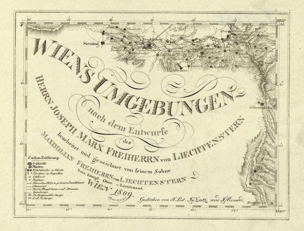 Detaillierte alte Karte von Wien, Deutschland, zeigt geografische Merkmale, Städte, Orte und Textanmerkungen zur Bevölkerung, Straßen und Sehenswürdigkeiten.