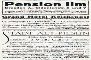 Schwarz-weiß-Anzeige für die Pensions-Inn in Dresden, Deutschland, im Stil alter Zeitungsanzeige gedruckt.