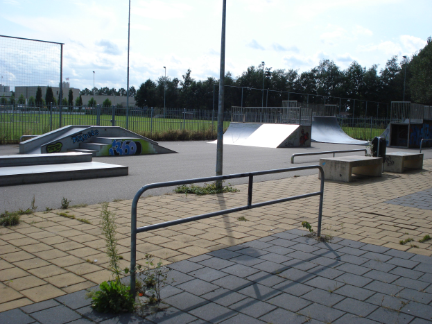 Eine Skate-Anlage mit Rampen, Geländern, Grünflächen, Pfählen, Bäumen, Gebäuden und einem bewölkten Himmel im Hintergrund.