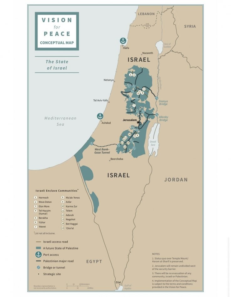 Ein Plakat mit der Aufschrift "Vision für Frieden - Konzeptkarte" mit einer farbcodierten Karte Israels und fetter schwarzer Schrift oben.