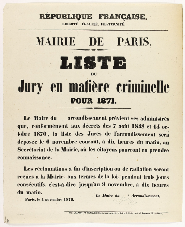 Alte französische Zeitungsanzeige für die 'Marie de Paris Liste Jury en Matiere Criminelle' aus dem Jahr 1871, die Text über die Jury enthält.