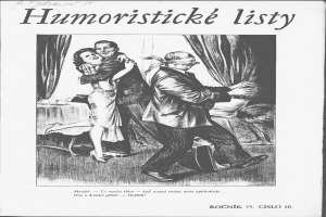 Ein Schwarz-Weiß-Bild eines Mannes und einer Frau, die tanzen, mit Vorhängen und einem Tisch mit Tassen und Untertassen im Hintergrund, mit der Aufschrift "humoristicke listy - rocnik 75 cišlo 10" oben und unten.