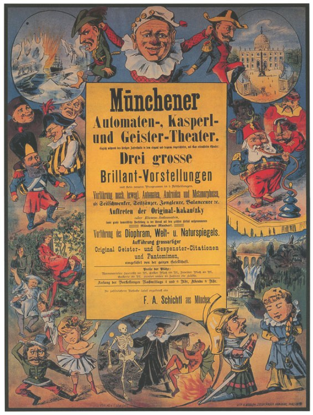 Alter deutscher Filmplakat mit dem Titel "Munchener Automaten-Kasperl- und Geister-Theater", das eine Gruppe in bunten Kostümen zeigt, umgeben von Text, der eine lebhafte Atmosphäre suggeriert.
