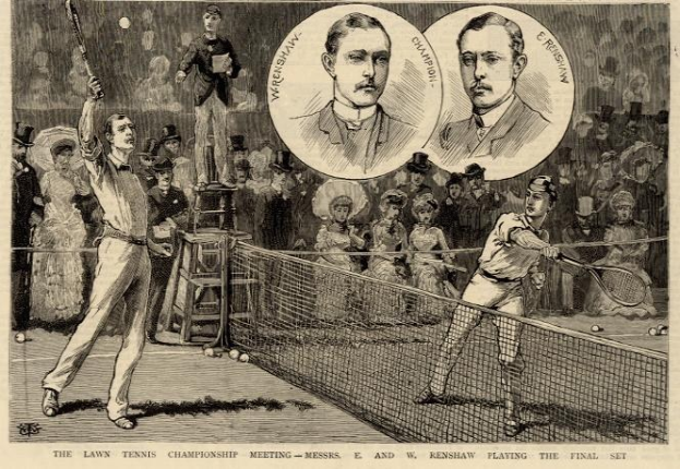 Schwarze und weiße Zeichnung von zwei Männern, die auf einem Platz mit einem Netz Tennis spielen, während eine Gruppe von Menschen im Hintergrund zuschaut; Text unten lautet "The Lawn Tennis Championship Meeting - Messers, E und W Renshaw spielen das entscheidende Satz".