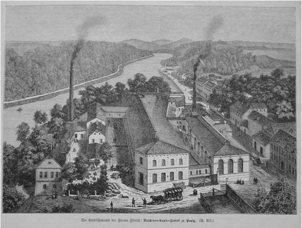 Eine Schwarz-Weiß-Zeichnung einer Stadt mit einem Fluss, Gebäuden, Bäumen, Hügeln und Rauch, mit dem Text "Güntherstadt der Günstung in 1873" unten.