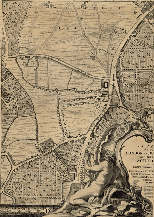 Ein Plakat mit einer detaillierten Karte von London und seiner Umgebung, mit einer zentralen Skulptur einer Person.