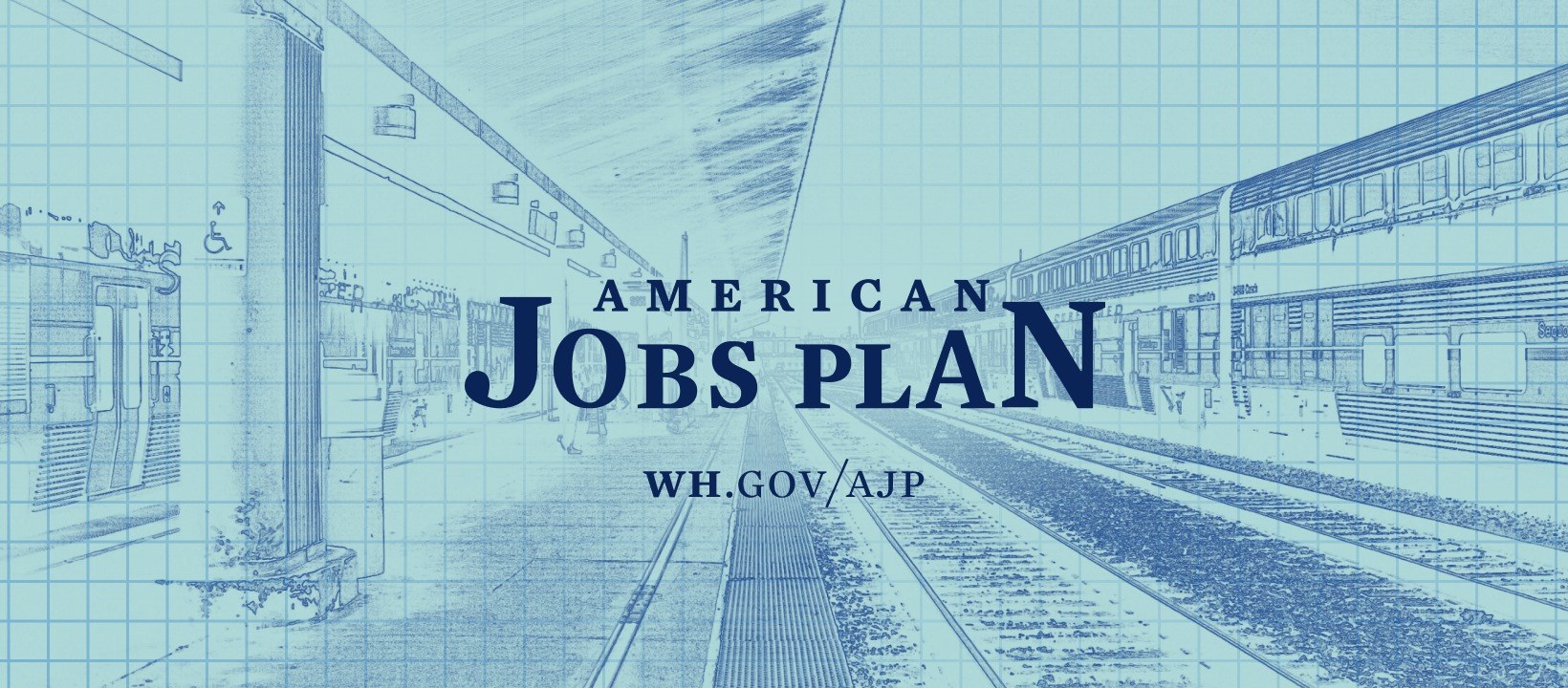 Blaupause eines Bahnhofes mit der Aufschrift "American Jobs Plan" und einem Zug auf der rechten Seite.
