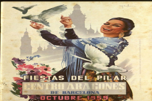 Ein Plakat, das ein Festival in Barcelona, Spanien, ankündigt, zeigt eine Frau mit einem menschlichen Gesicht, umgeben von Vögeln und Blumen, mit Gebäuden im Hintergrund und Text.