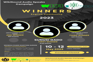 Ein buntes Plakat mit einem blauen Hintergrund und gelber und weißer Schrift, die in fetter Schrift 'Gewinner' lautet, mit lachenden Menschen in der Mitte.