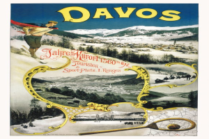 Ein Vintage-Plakat, das das Skigebiet Davos in der Schweiz bewirbt, zeigt einen Skifahrer im Vordergrund mit Bäumen, Häusern und Bergen im Hintergrund sowie beschreibendem Text.