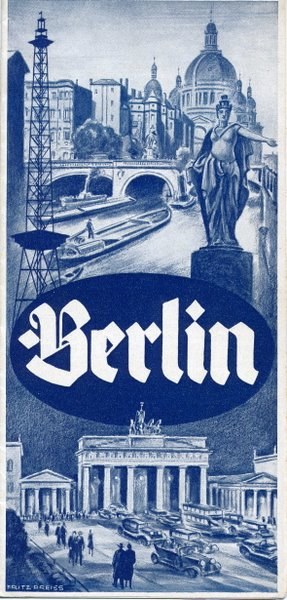 Plakat, das Berlin, Deutschland, zeigt, mit einer Statue, Gebäuden, einem Turm, Menschen, Fahrzeugen auf der Straße und einer Brücke.