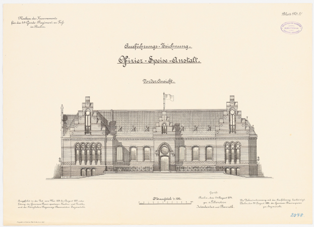 Eine Zeichnung des Hauptsaals des Deutschen Parlaments in Berlin, Deutschland, mit einer Flagge oben drauf und begleitendem Text.
